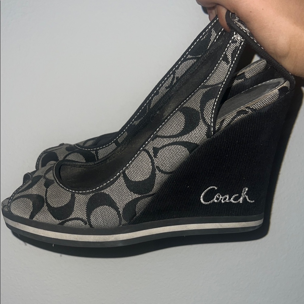 Coach Women's Black and Gray Patterned Wedges